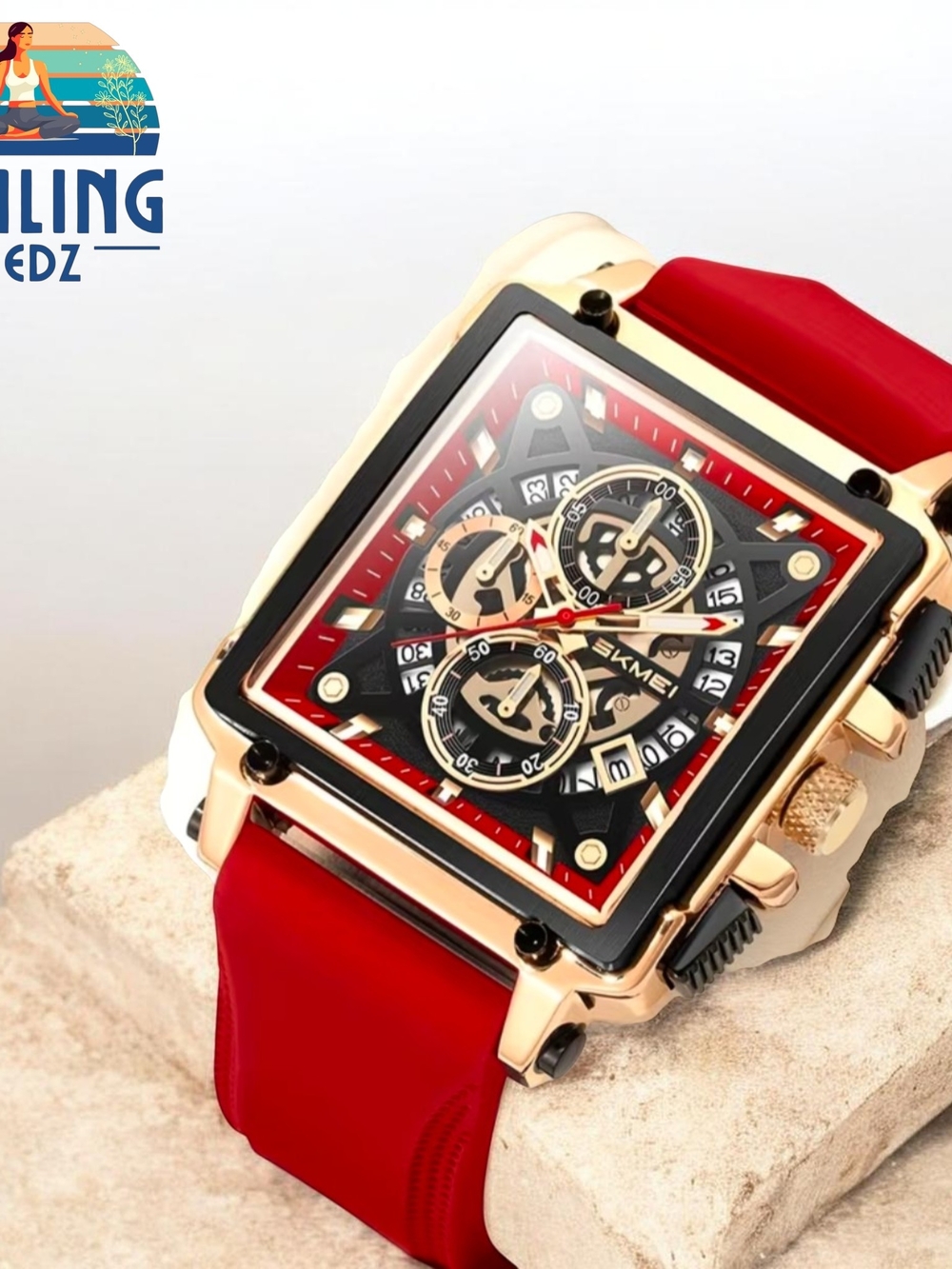 MEN'S RED QUARTZ WATCH, CHRONOGRAPH WITH DATE DISPLAY AND LUMINOUS HANDS